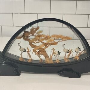 VTG Chinese Diorama cork Stork Wood Case signed San You